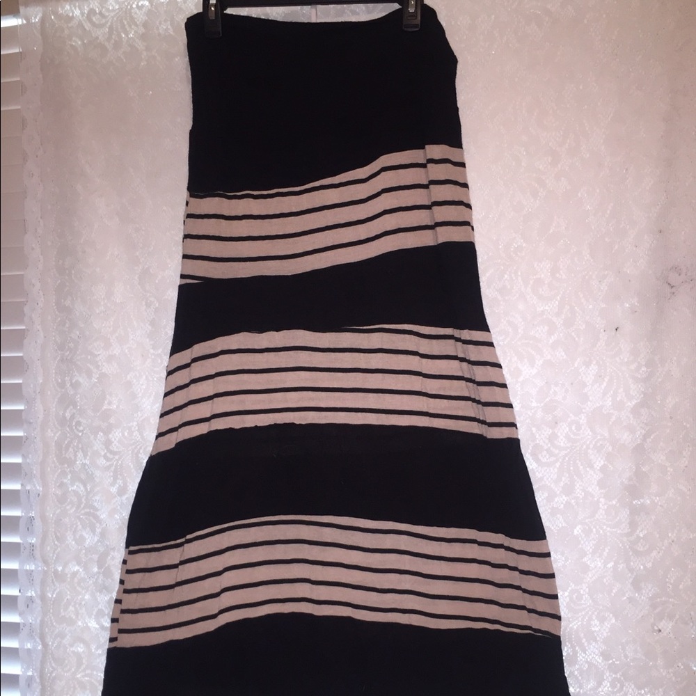 Tan and black striped maxi skirt fold over hem